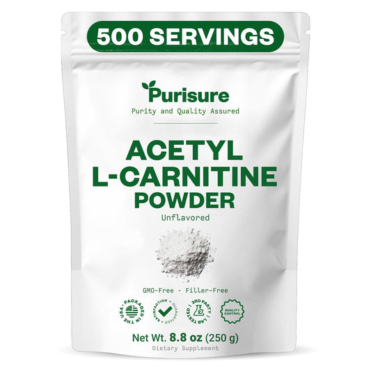 Purisure Acetyl L-Carnitine powder label showing gluten-free, non-GMO features