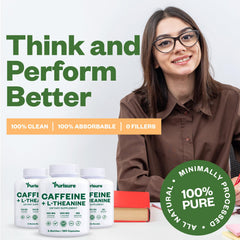 Purisure caffeine theanine capsules in hand for on the go focus