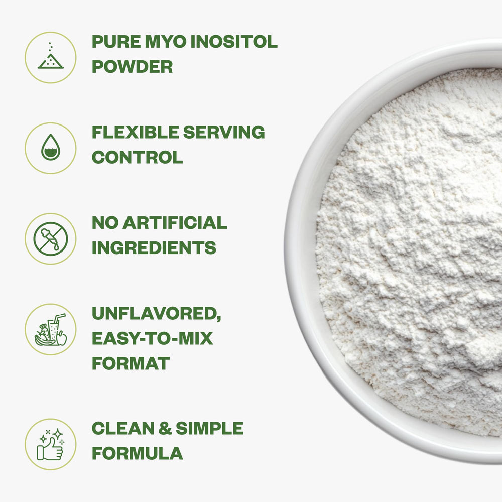 Purisure Inositol powder tub open shows pure, gluten-free formula.