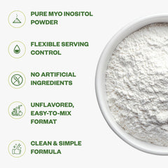 Purisure Inositol powder tub open shows pure, gluten-free formula.