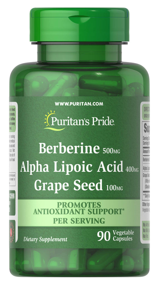 Bottle of Puritan's Pride Berberine Alpha Lipoic Acid Grape Seed for daily antioxidant support.