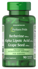 Bottle of Puritan's Pride Berberine Alpha Lipoic Acid Grape Seed for daily antioxidant support.
