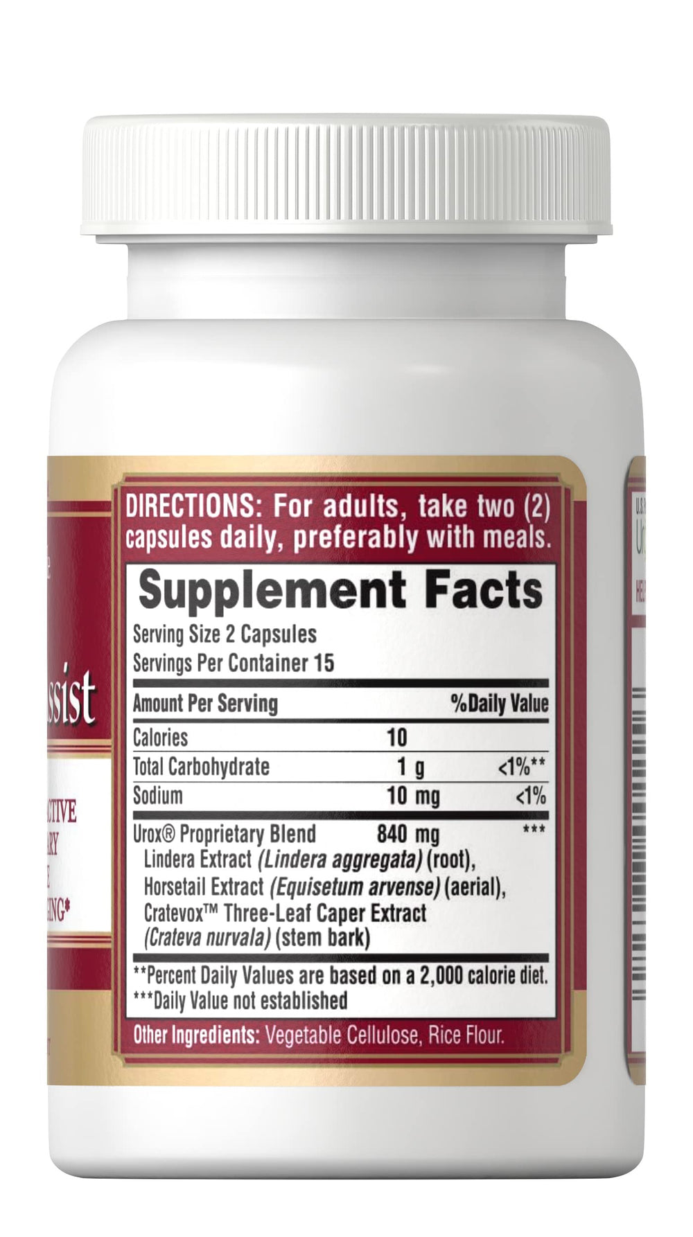 Puritan's Pride Bladder Assist herbal blend close-up highlighting Crataeva nurvala for bladder support.