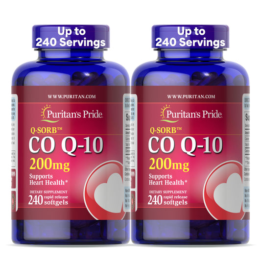 Puritan's Pride CoQ10 200mg bottle shown for heart support potential.