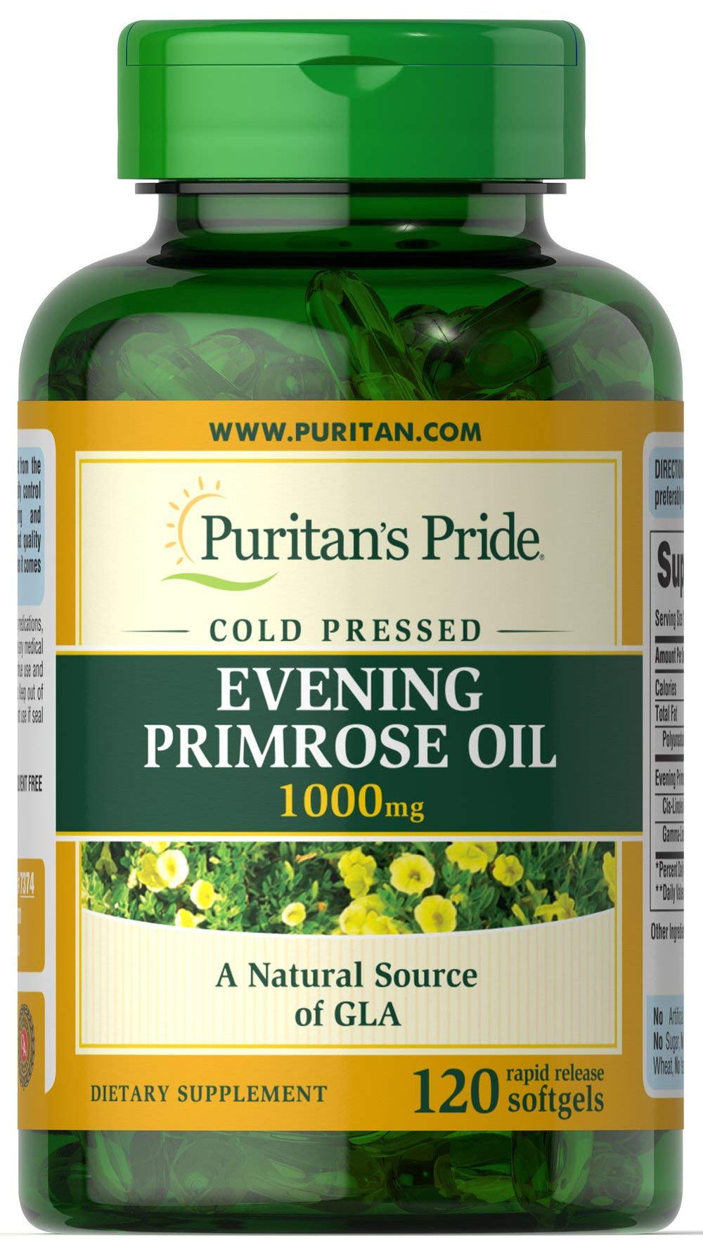 Puritan's Pride Evening Primrose Oil 1000 mg bottle highlighting GLA for skin support