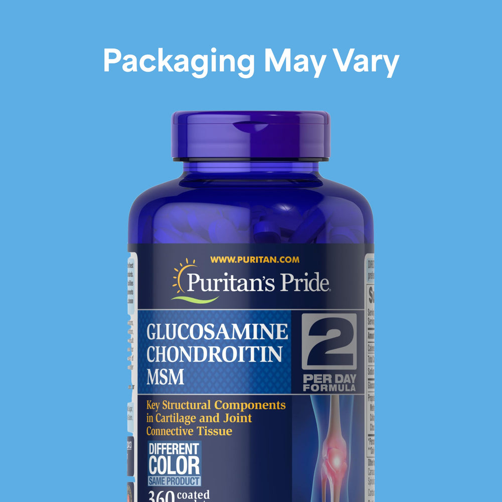 Puritan's Pride caplets close-up for easy two-per-day dosage and ongoing joint care.