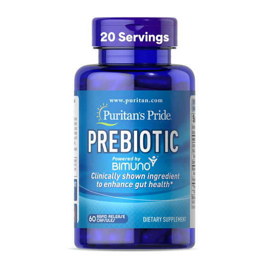 Puritan's Pride Prebiotics bottle cap promotes easy daily gut health routine.