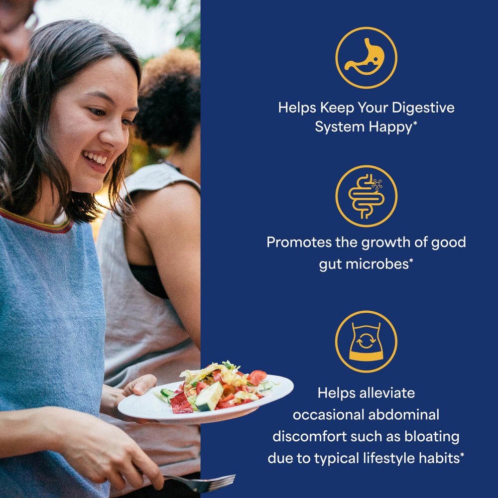 Puritan's Pride Prebiotics bottle label emphasizes Bimuno-powered digestion support.