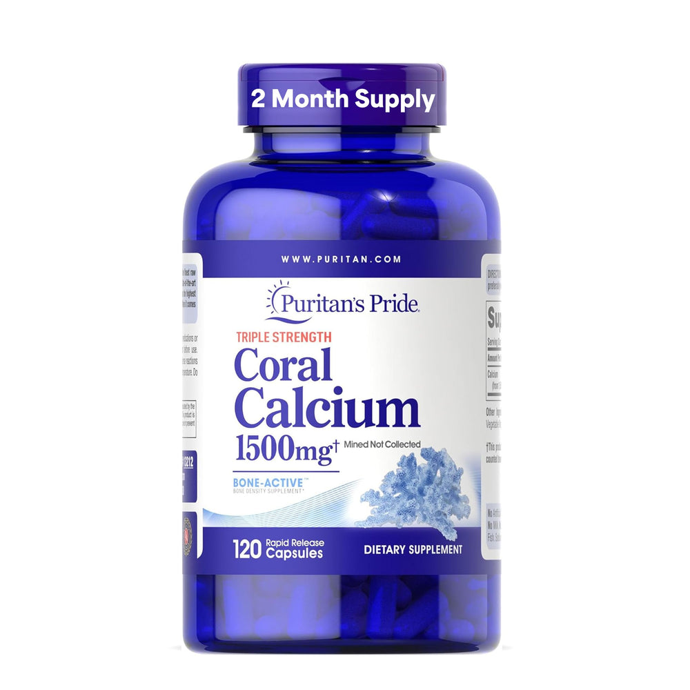 Puritan's Pride triple-strength coral calcium bottle supports bone health and daily supplementation.