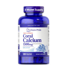 Puritan's Pride triple-strength coral calcium bottle supports bone health and daily supplementation.