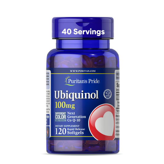 Puritan's Pride Ubiquinol 100 mg bottle close-up, rapid-release softgels for energy support
