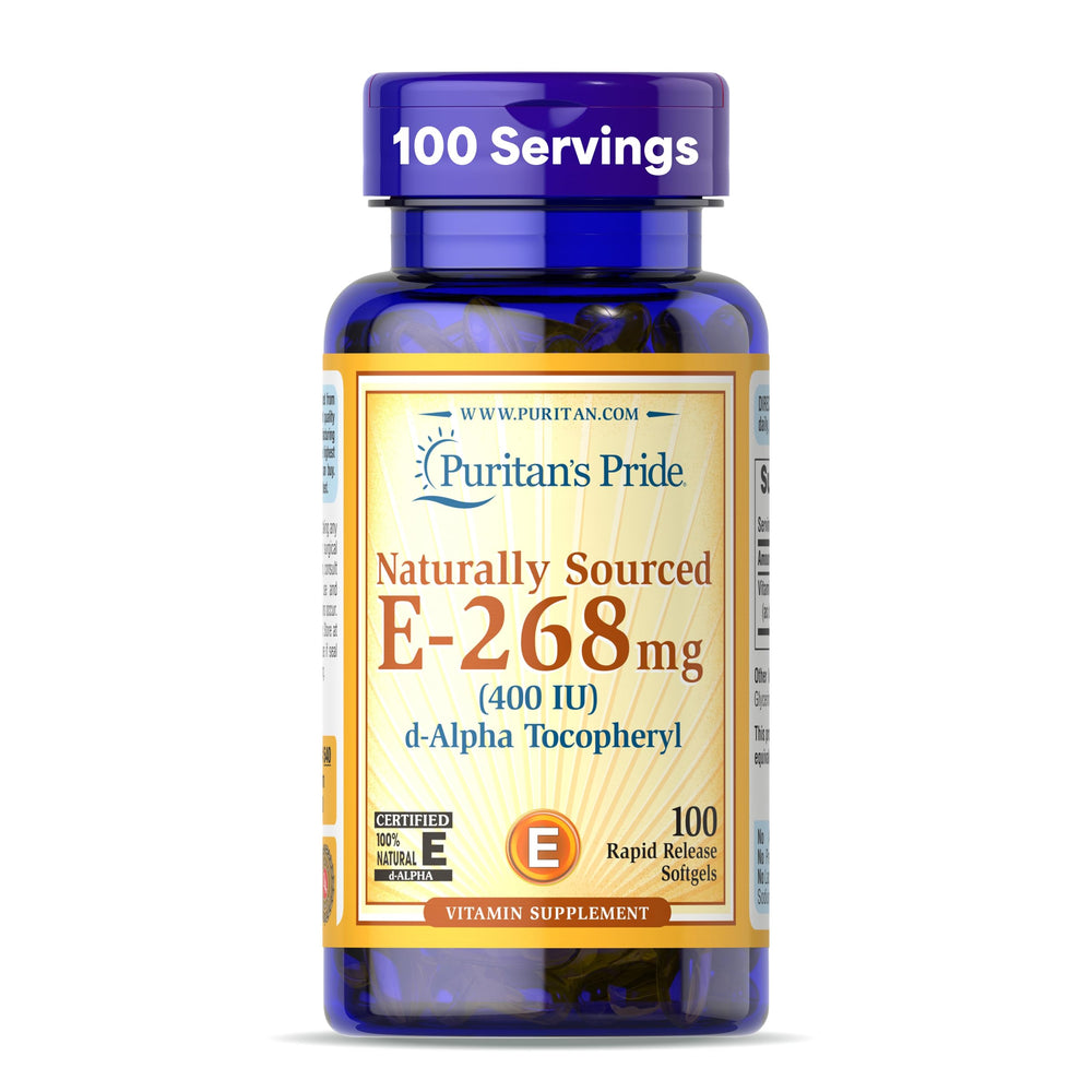 Puritan's Pride Vitamin E 268mg softgel bottle highlighting antioxidant support for daily wellness.