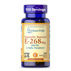 Puritan's Pride Vitamin E 268mg softgel bottle highlighting antioxidant support for daily wellness.