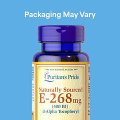 Puritan's Pride Vitamin E 400 IU softgels closeup emphasizing easy daily intake.