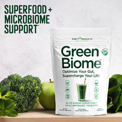 Purity Green Biome apple flavor powder dissolving into a beverage