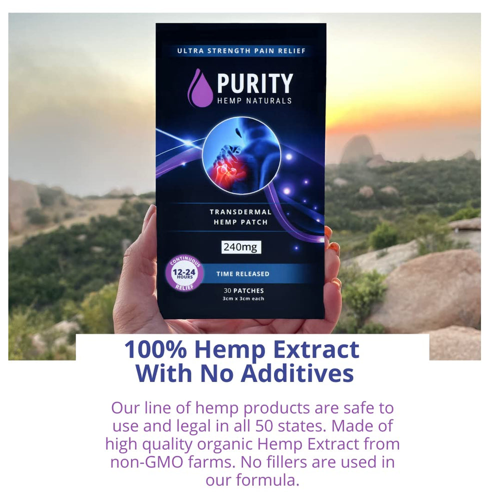 Purity Hemp Naturals patch on back demonstrates flexible wear beneath clothing.