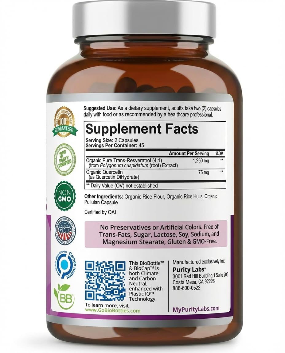 Purity Labs packaging indicating gluten-free and sugar-free attributes