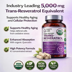 Purity Labs Trans-Resveratrol capsules showing vegan formulation