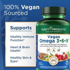 Purity Omega 3-6-9 bottle with olive oil visuals highlighting diverse EFAs
