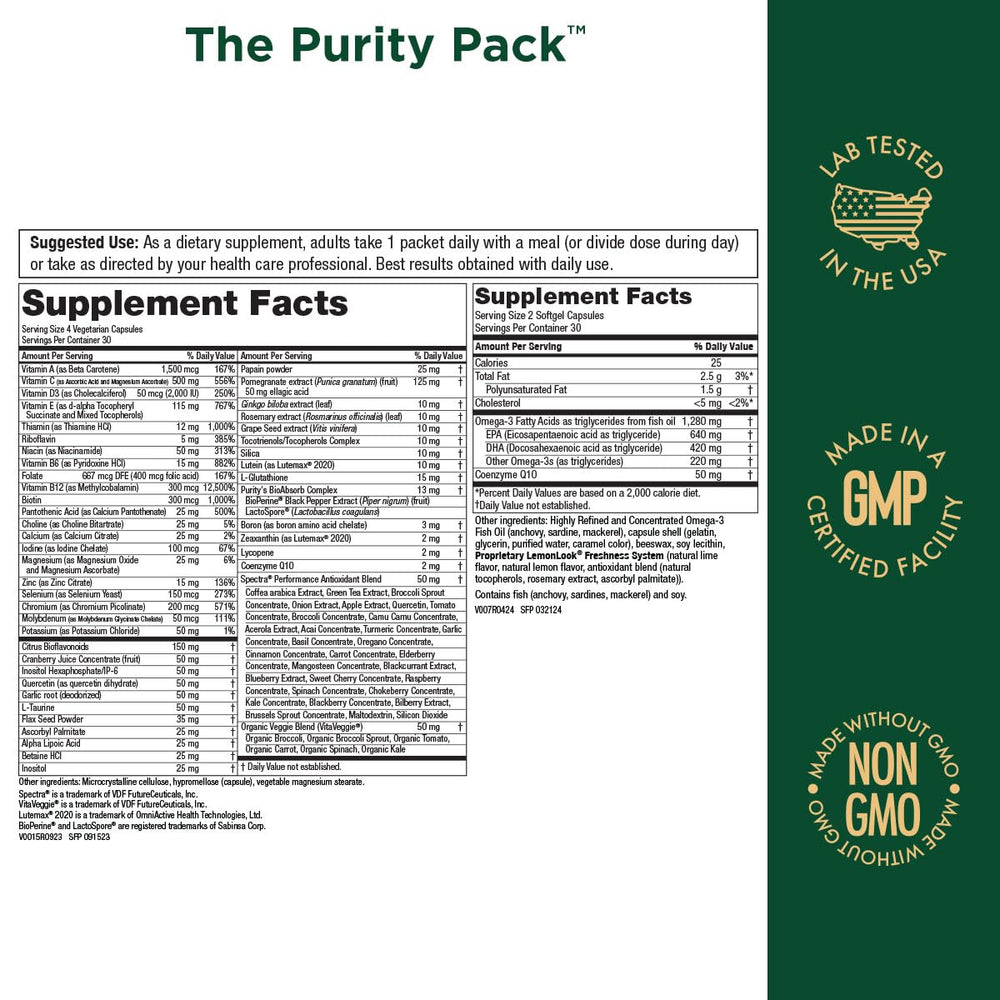 Purity Pack Fish Oil CoQ10 softgels bottle highlighting omega-3 for heart and joints.