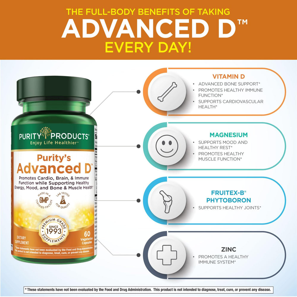 Purity Products Advanced D label close-up showing 60 vegetarian capsules