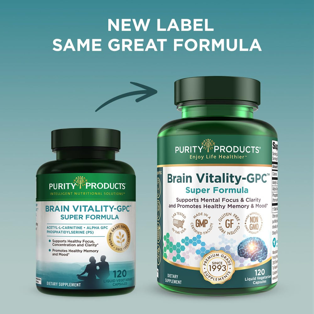 Purity Products Brain Vitality label closeup showcasing ingredients for mental clarity