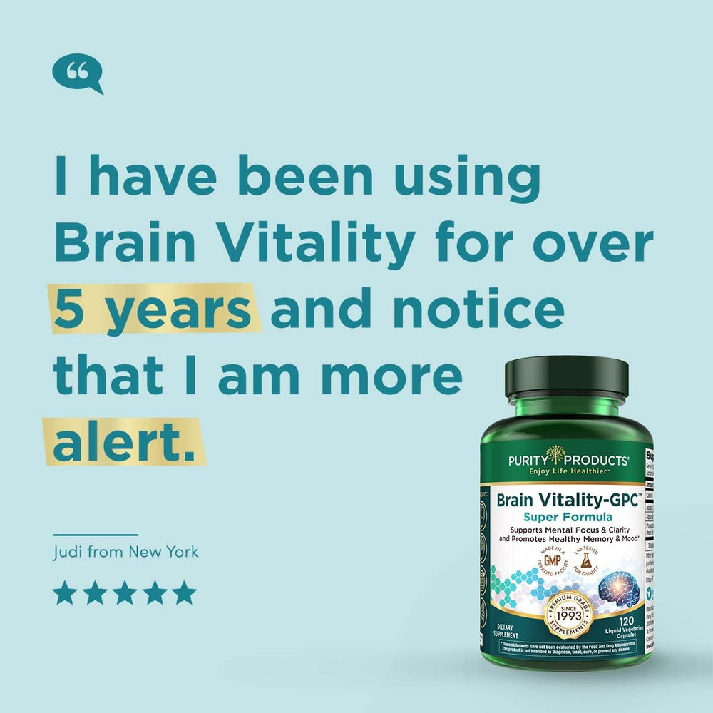 Purity Products Brain Vitality packaging box emphasizing three active ingredients