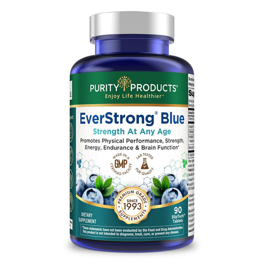 Purity Products EverStrong Blue bottle on a clean surface, signaling strength support.