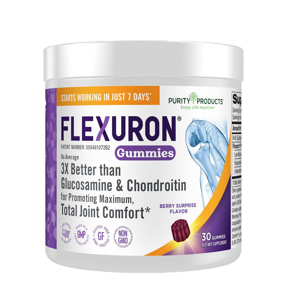 Purity Products Flexuron gummies bottle showing convenient daily joint support