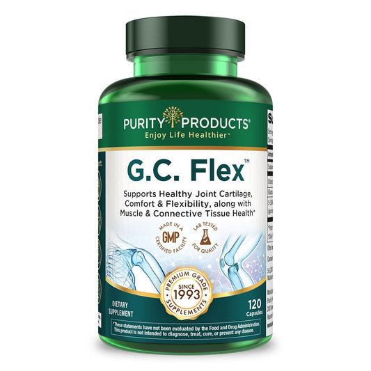 Purity Products G.C. Flex bottle showing the 90 capsules for joint support and flexibility