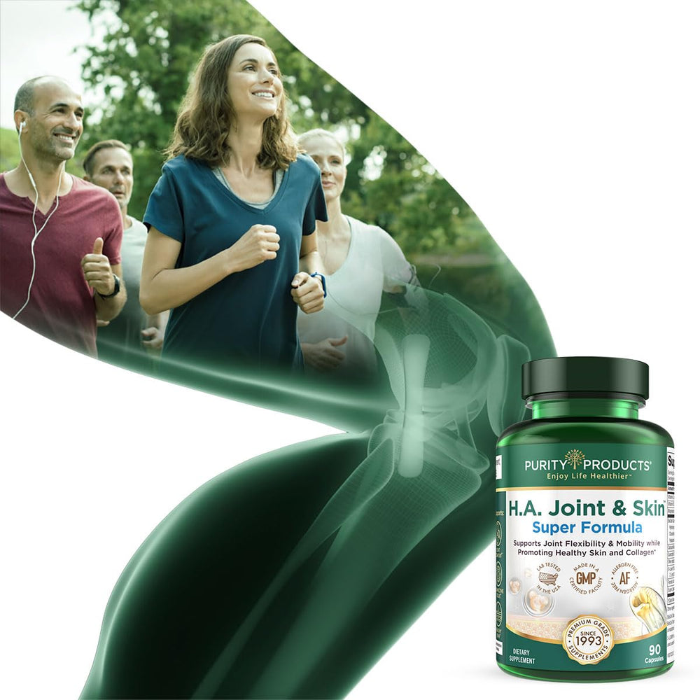 Purity Products H.A. Joint capsules in hand for easy daily use.