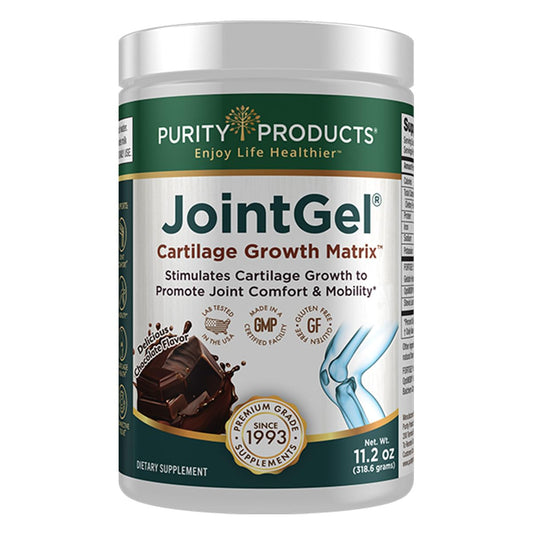 Purity Products JointGel bottle front view with chocolate flavor promotes daily joint support.