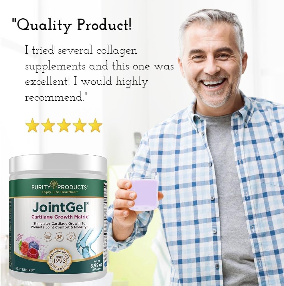 Purity Products JointGel packaging emphasizing 30 servings and lab-tested quality.