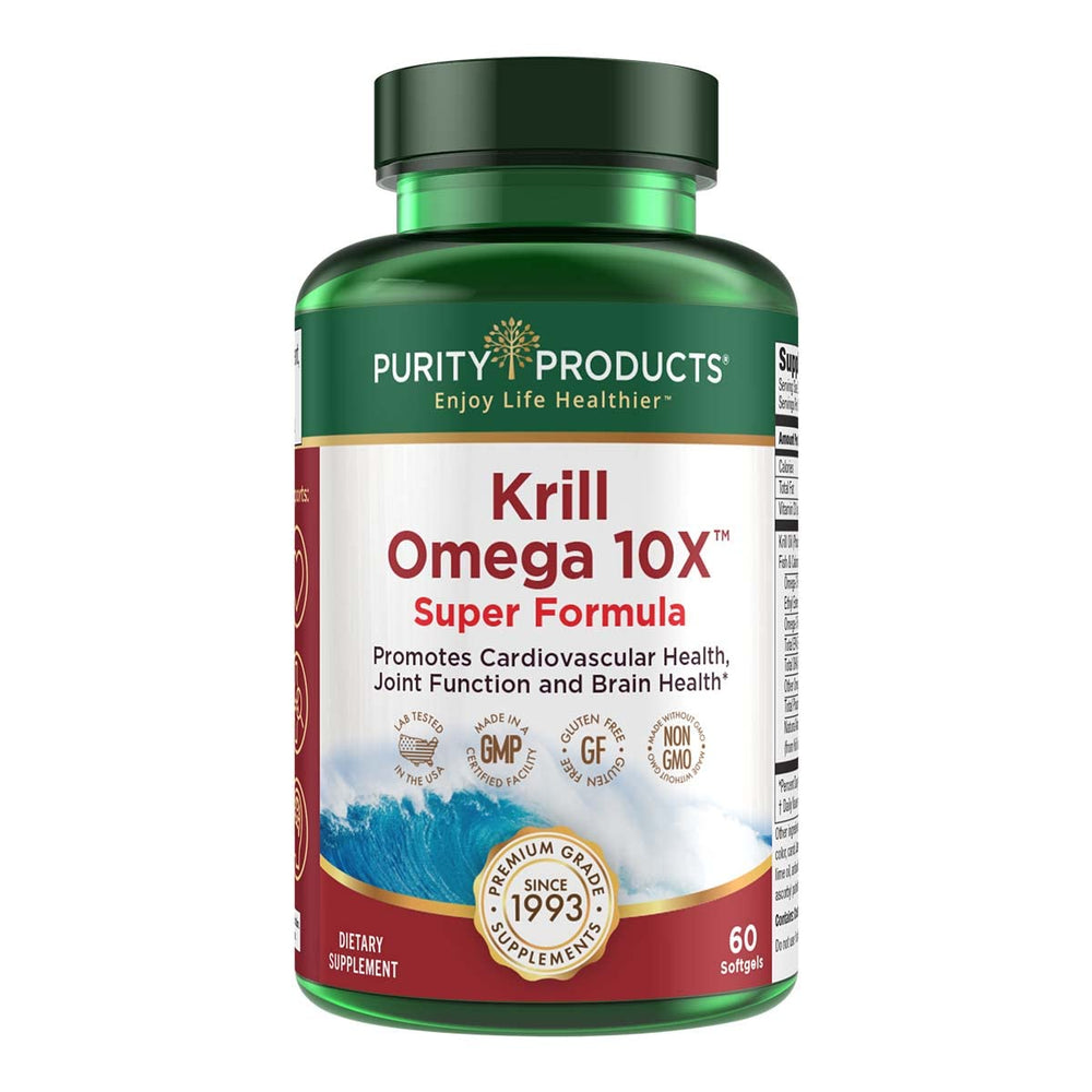 Purity Products Krill Omega-3 bottle front view highlights premium formula for overall wellness.