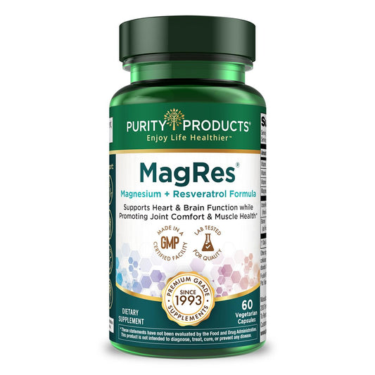 Purity Products MagRes bottle front showing magnesium-resveratrol blend for daily energy and joint support