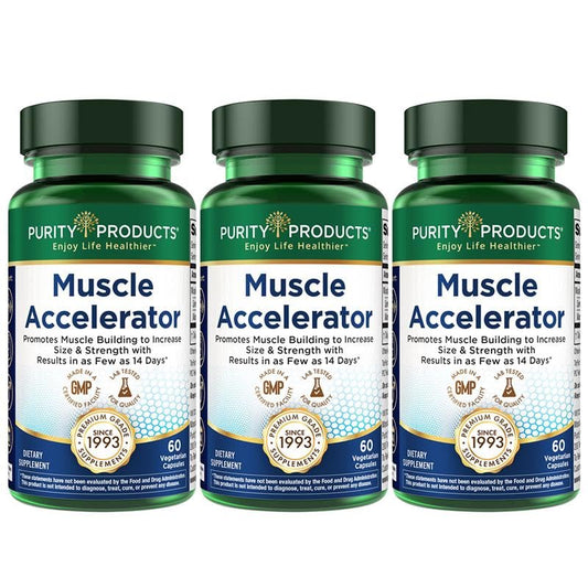 Purity Products Muscle Accelerator 650mg bottle shown for strong workouts.