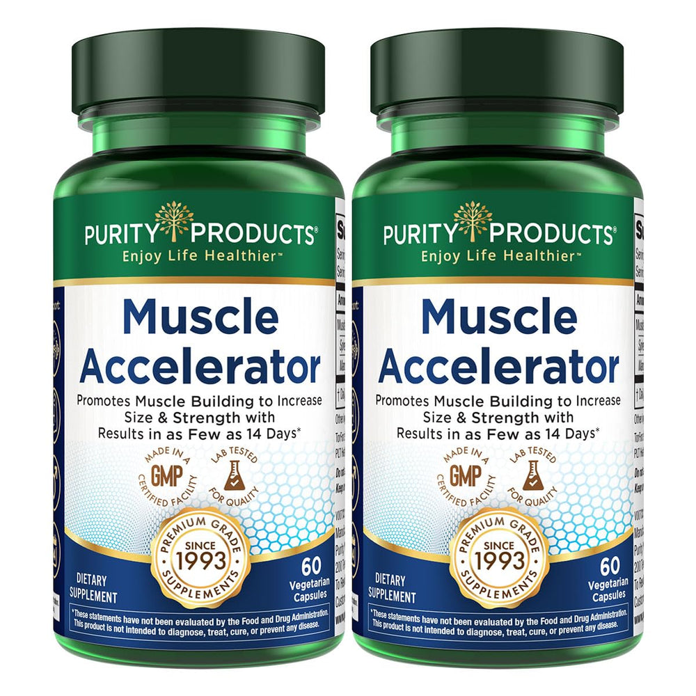 Purity Products Muscle Accelerator bottle on gym shelf signaling strength support