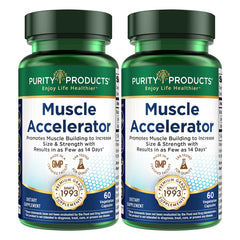 Purity Products Muscle Accelerator bottle on gym shelf signaling strength support