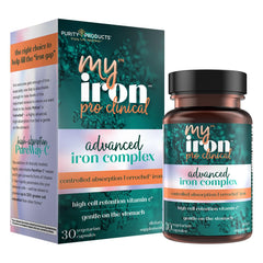 Purity Products MyIron ProClinical bottle label shows gentle iron delivery for daily support.