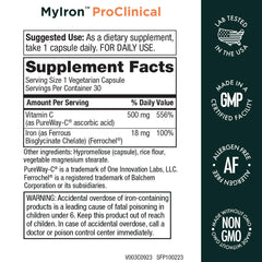 Purity Products MyIron ProClinical tablets closeup highlighting bisglycinate chelate form.