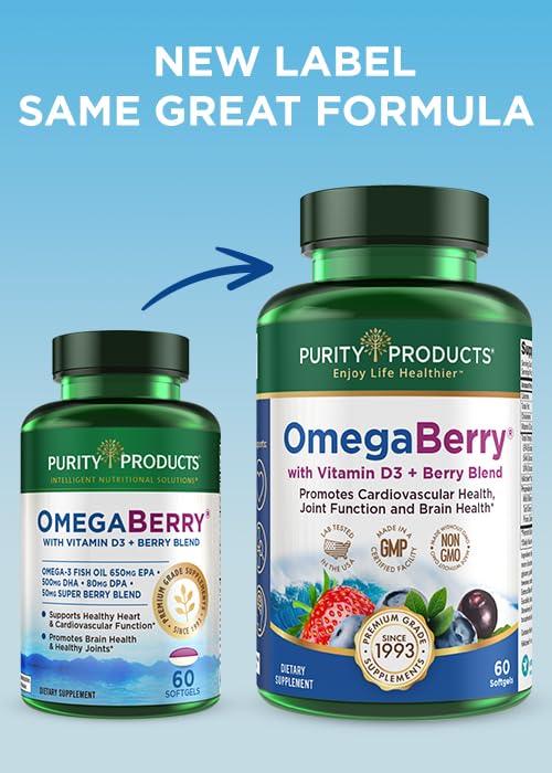 Purity Products OmegaBerry label shows 500 mg DHA and 650 mg EPA per serving for heart support