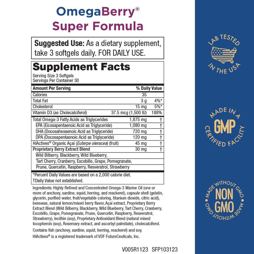 OmegaBerry softgels close-up with berry flavor for daily use.