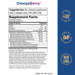 Purity Products OmegaBerry softgels close-up highlighting 1250 mg omega-3 potency