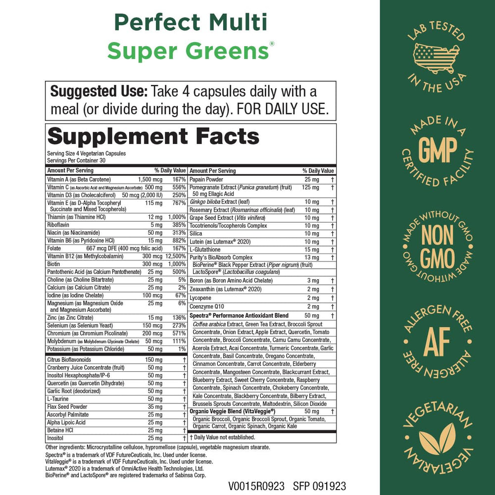 Purity Products Perfect Multi Super Greens bottle label close-up highlighting nutrients