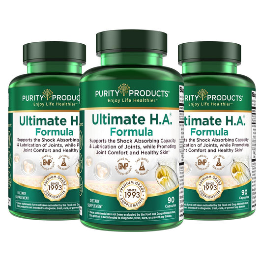 Purity Products Ultimate HA Formula bottle front, highlighting joint and skin support potential.