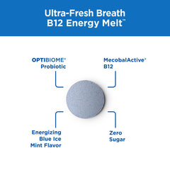 Purity Products Ultra Fresh Breath B12 Melts bottle highlighting 60-count supply
