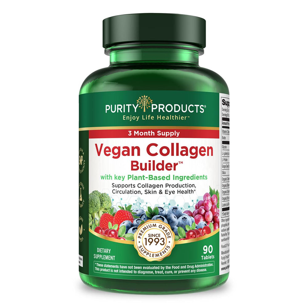 Purity Products Vegan Collagen Builder bottle close-up highlighting organic formula for skin support.