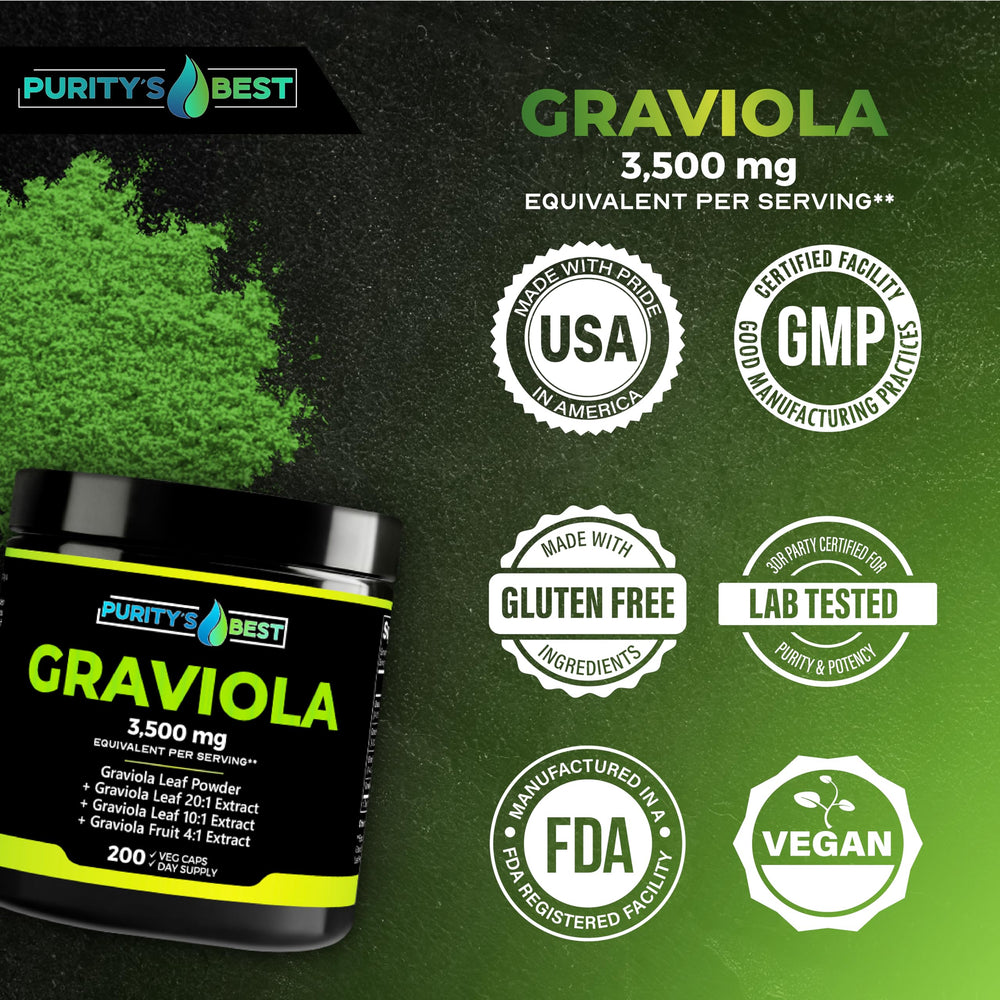 Boxed bottle of Purity's Best Graviola showing 200-day supply.