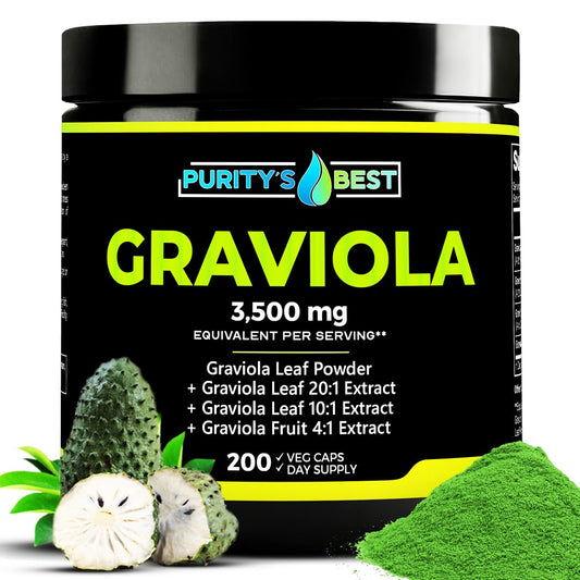 Purity's Best Graviola bottle front view highlighting 378 mg blend for immune support.