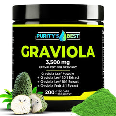 Purity's Best Graviola bottle front view highlighting 378 mg blend for immune support.